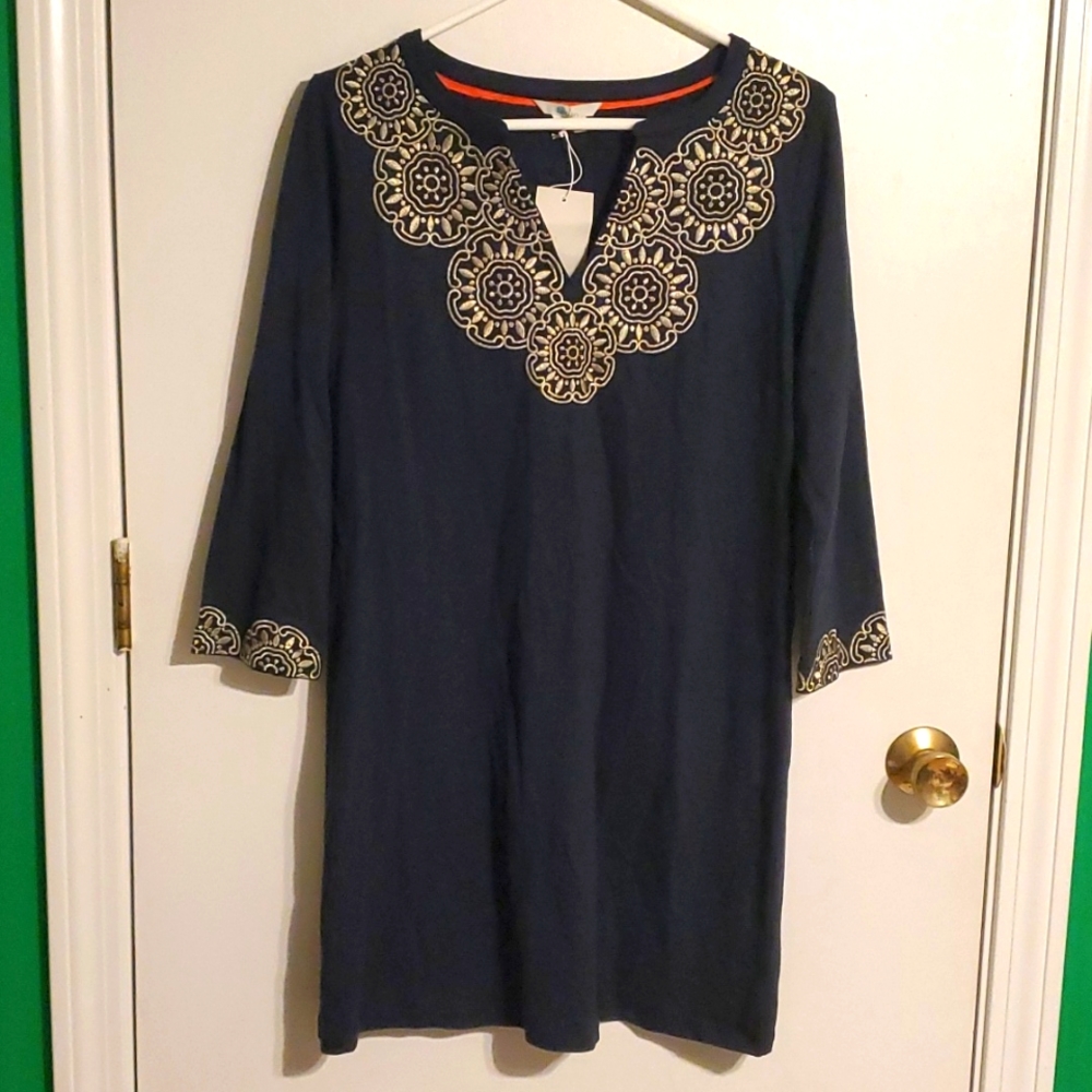 Boden women's 12 navey dress with embroidered V. neckline and cuffs